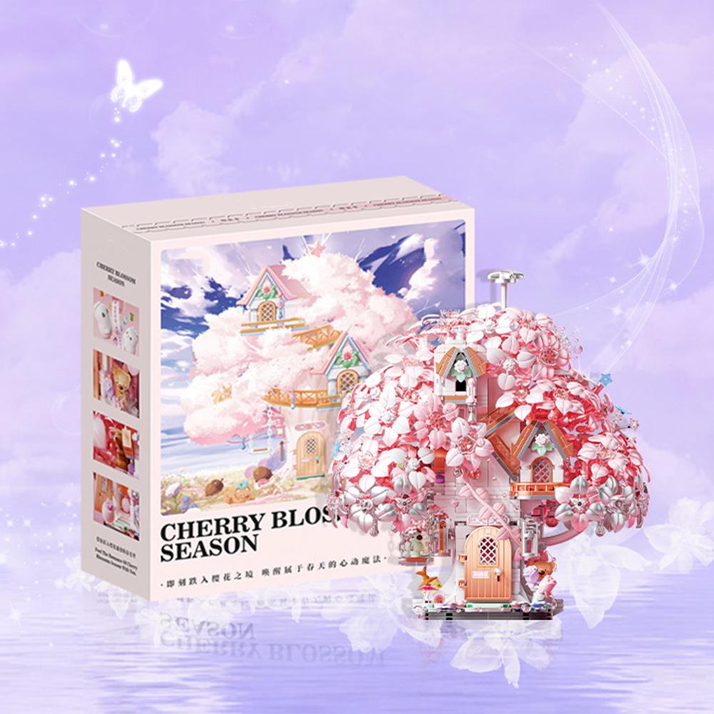 Street View Cherry Blossom Treehouse Building Block Kit DIY Cherry Tree House Model Building Sets With String Lights For Kids Gifts
