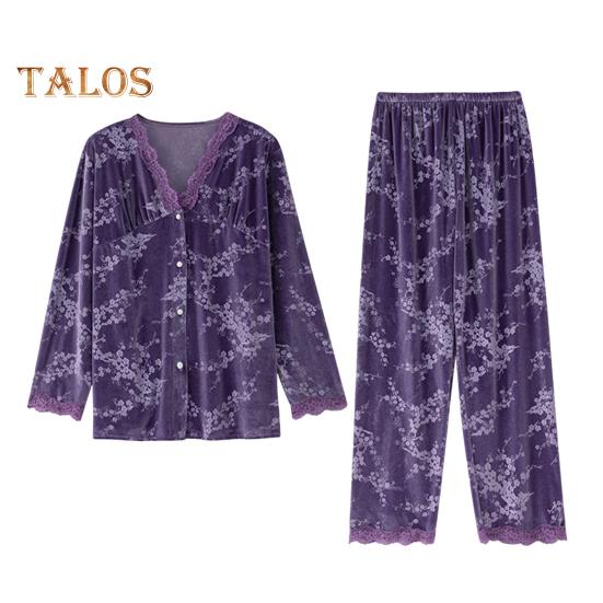 2 шт./комплект осень-зима женская пижама костюм кружевная отделка V-образный вырез принт — фото 13