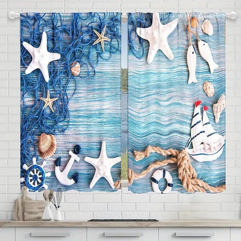 Starfish Fishing Boat Background Pattern Printed Curtains, Window Decorations, Home Decorations, Room Decorations