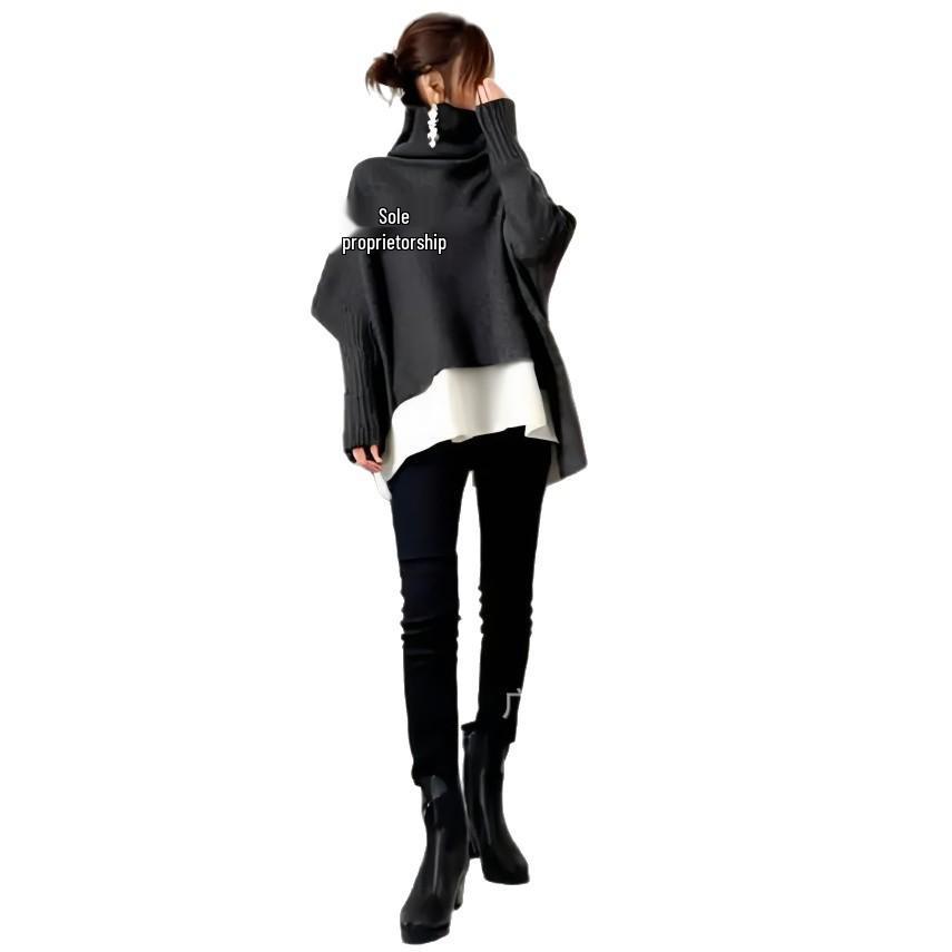 25th Anniversary Women's High-Neck Wool Knit Cape Sweater - Loose & Versatile for Autumn/Winter