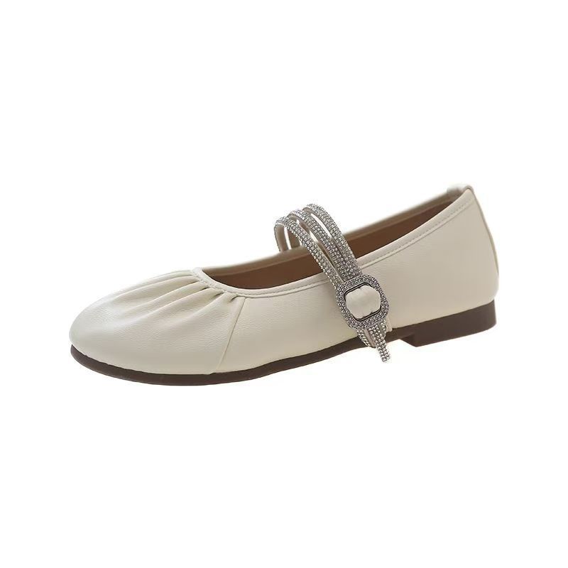 Mary Jane Women's Shoes 2025 One-word Soft-soled Single Shoes Women's Autumn New Flat-soled Buckle Night Rhinestones