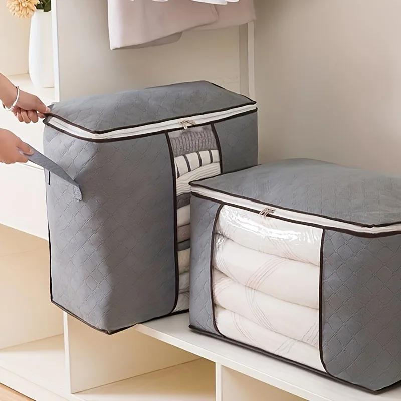 1pc  Large Clothes Storage Bag, Clothes Organizer With Handle & Clear Window, Storage Bins Containers For Comforters & Blankets