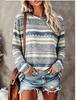 Women Long Sleeve T Shirt Vintage Blue White Aztec Geometric Stripe Print Crew Neck Casual Fall Tops