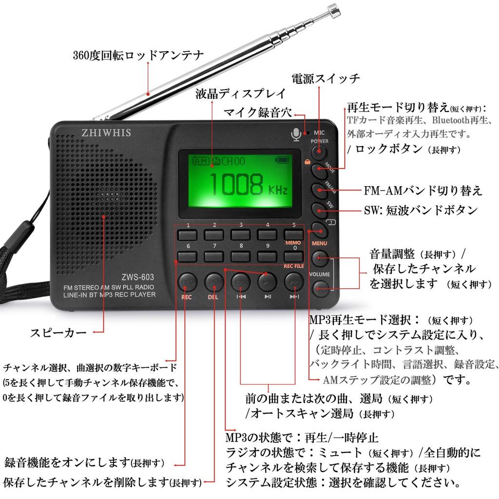 ZHIWHIS Radio Recorder MP3 Player Portable Rechargeable Large Capacity Lithium Battery LCD Screen Standing Voice Sleep Function Power Off Memory
