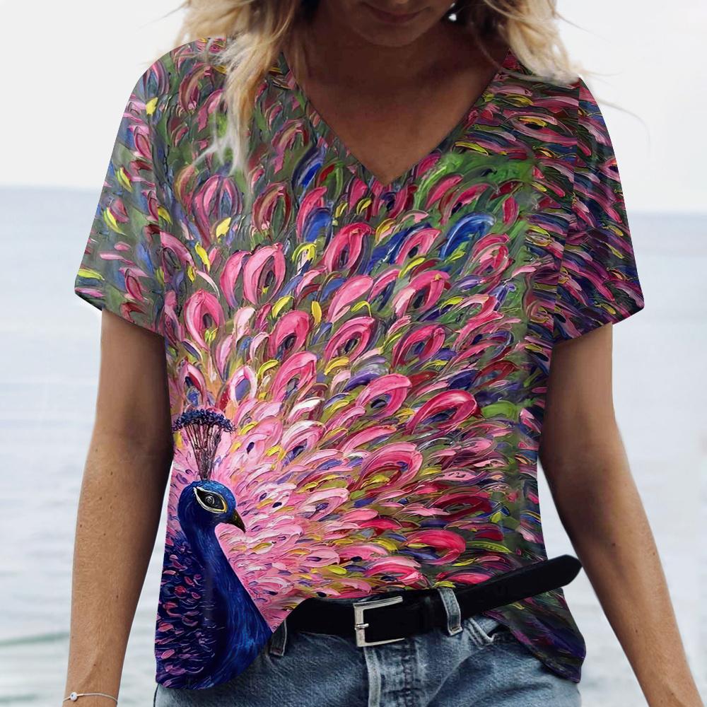 Новые яркие женские футболки с принтом павлиньего пера размера плюс — фото 7