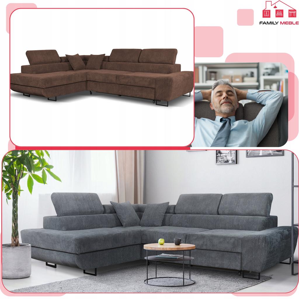 Corner Sofa, Foldable, F, Sleeping, Savio, Left, Family Furniture, Brown, Corduroy