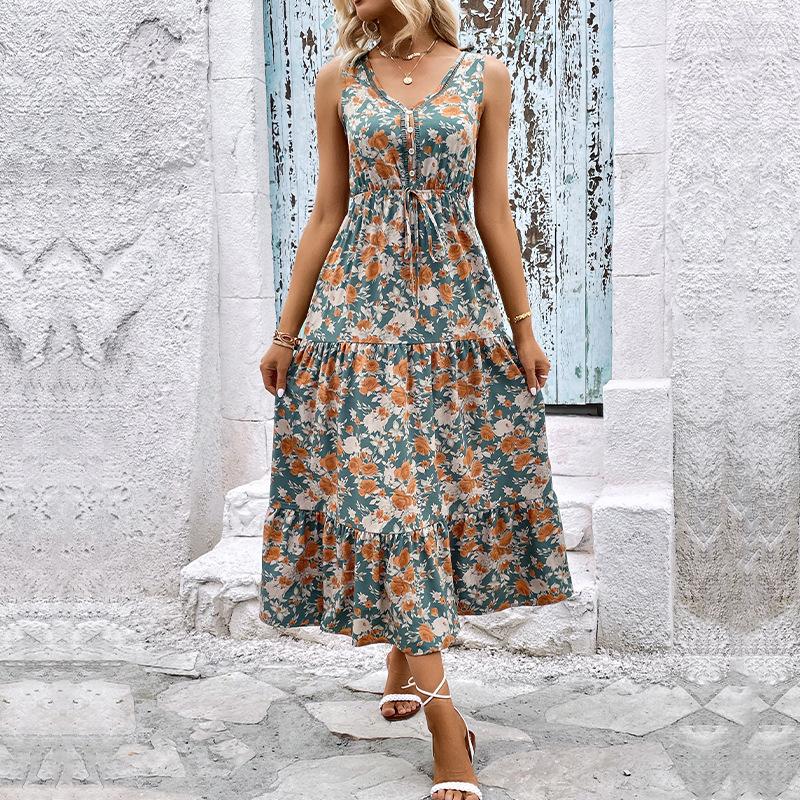 Amazon Independent Station Foreign Trade Long Dress Summer New European and American Cross-border Women's Printed Sleeveless Dress