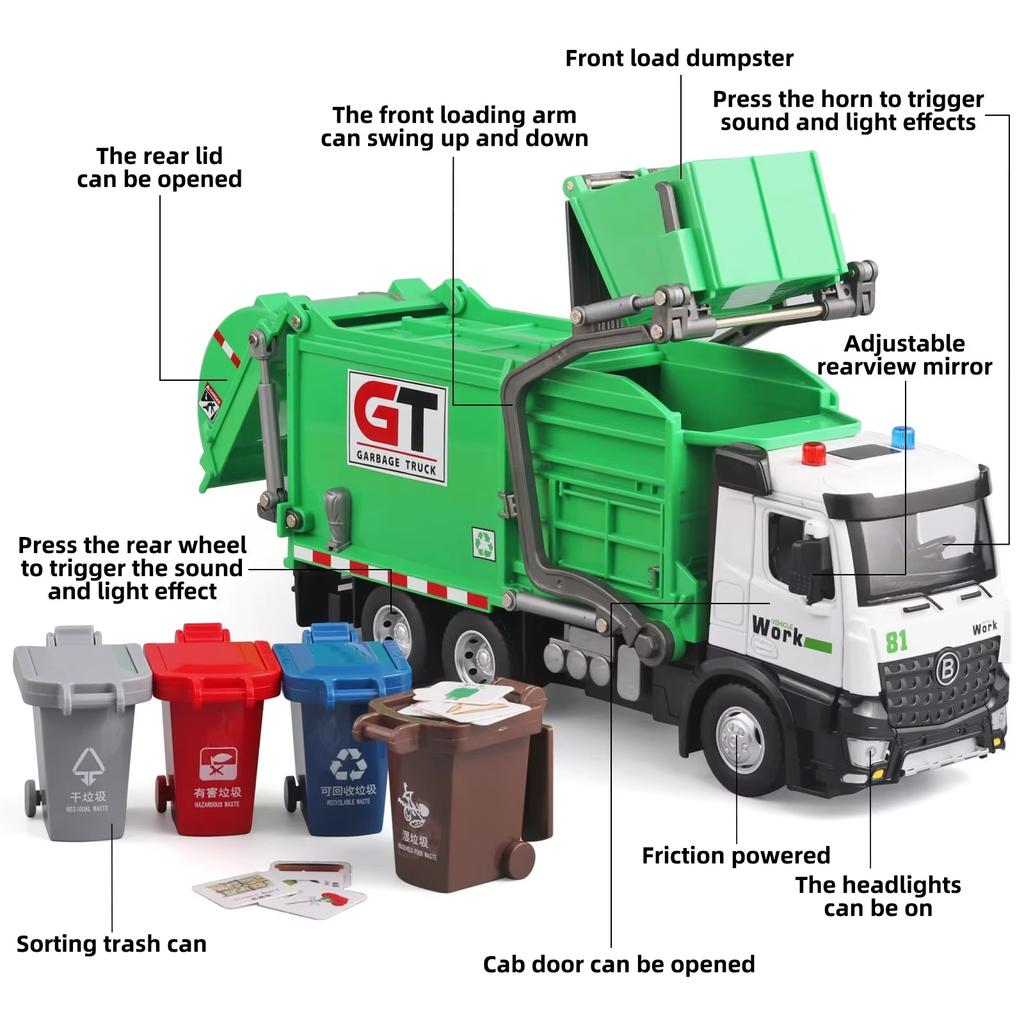 New 1:24 Large Urban Sanitation Vehicles Alloy Metal Diecast Model Car Sound & Light Series Simulation Construction Trucks Toys For Kids