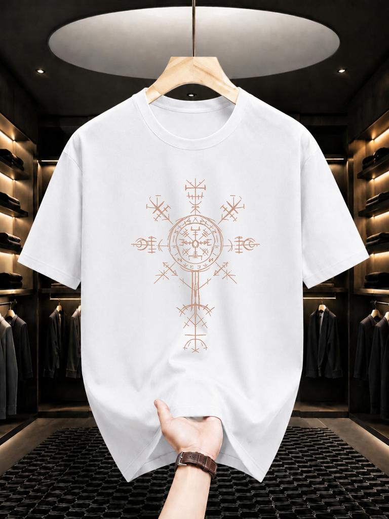2026 Nuova Maglietta in Cotone Bussola Vichinga Rune Nordiche Stampa Girocollo Manica Corta Street Casual Top