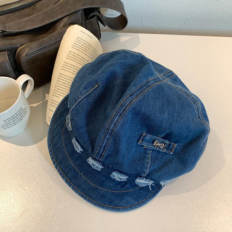 Japanese Retro Denim Literary Beret Female Summer Octagonal Hat Street Niche Personality Show Face Small Personality Hat
