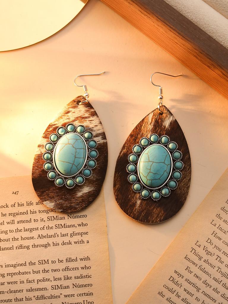 Exaggerated Metal Water Droplets Inlaid Turquoise Glass Earrings Leopard Exaggerated Personality Earrings Bohemian Retro Earrings