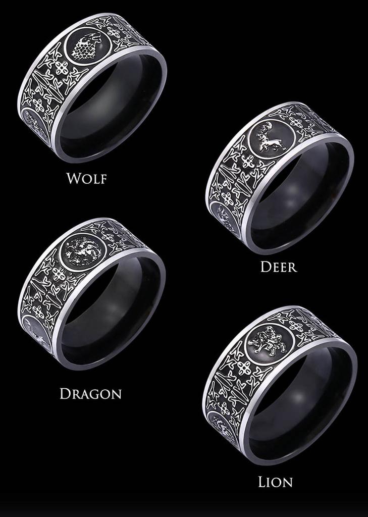 Black Plated Titanium Steel Narrow Men's Ring With Four Divine Beasts Design