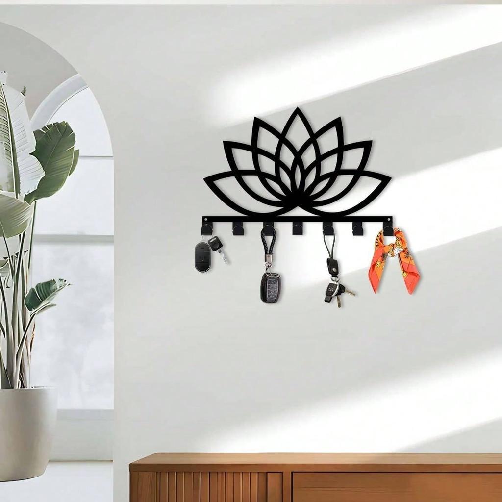 Lotus Key Holder 11.81 Inch Black Metal Wall Mount Decor for Home Office Outdoor Gift