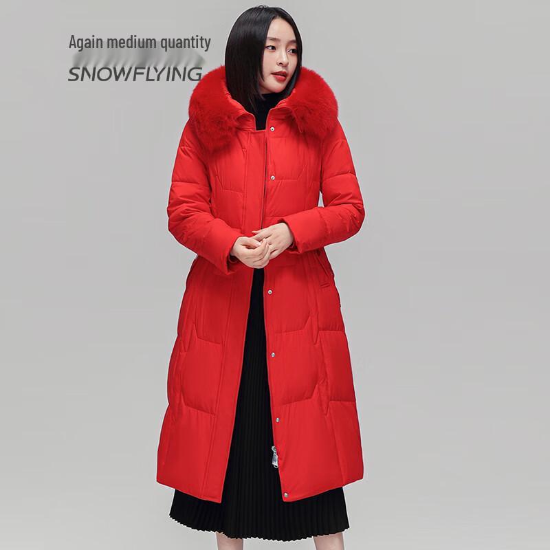 SNOWFLYING Women's Long Fox Fur Collar Down Jacket with Belt