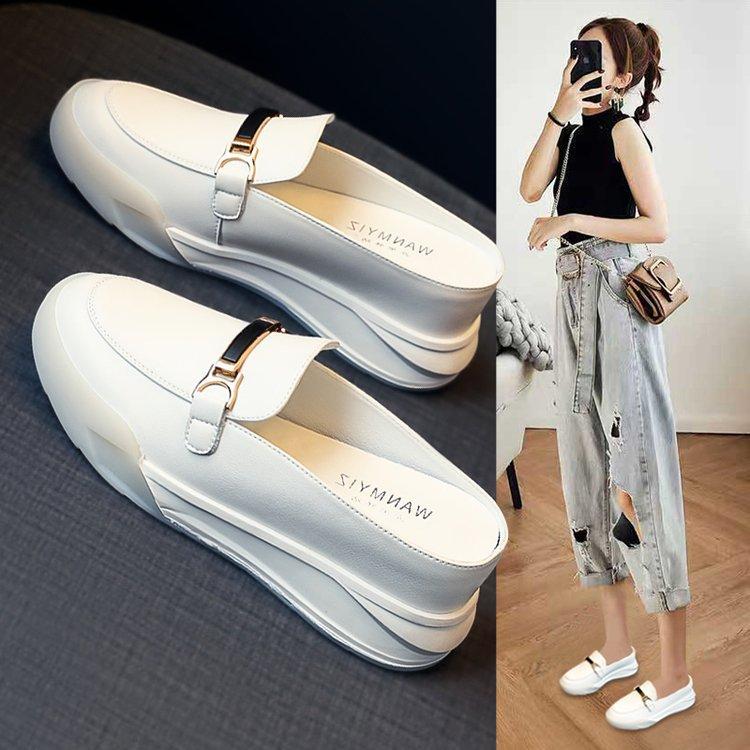 Women's Mules Shoes for Women  Platform Fashion Leather Designer White Comfortable Slippers and Sandals Elegant Heel Shoe
