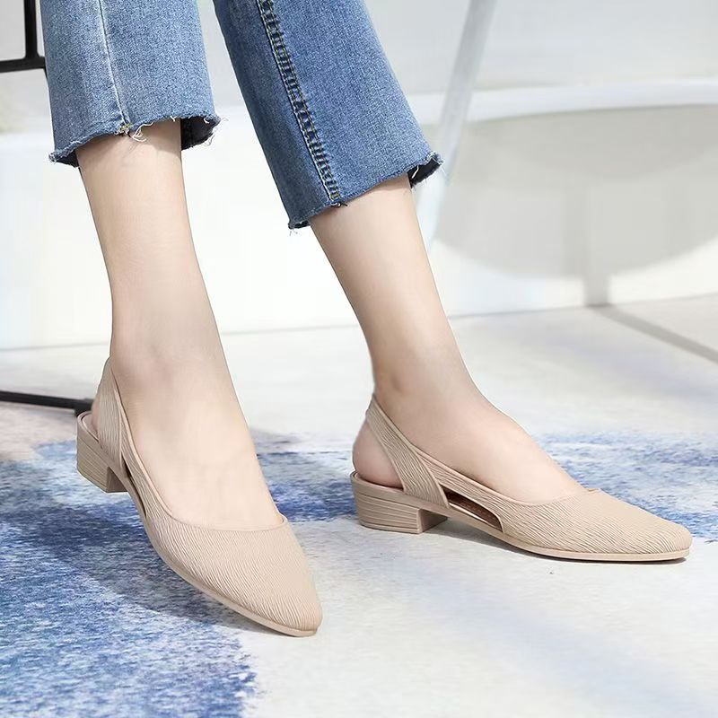 Women's Summer New Low Heel Slip On Sandals Soft sole Non Slip Waterproof Shallow Pointed Toe Match Skirt Sandals Beach Sandals