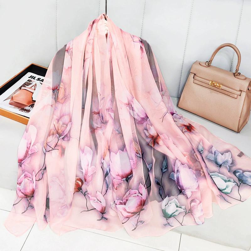 Silk Scarf Folral Women Summer Hijab Luxury Print Sunscreen Shawl Wraps Bandana Ladies Head Scarves Large Foulard Echarpe