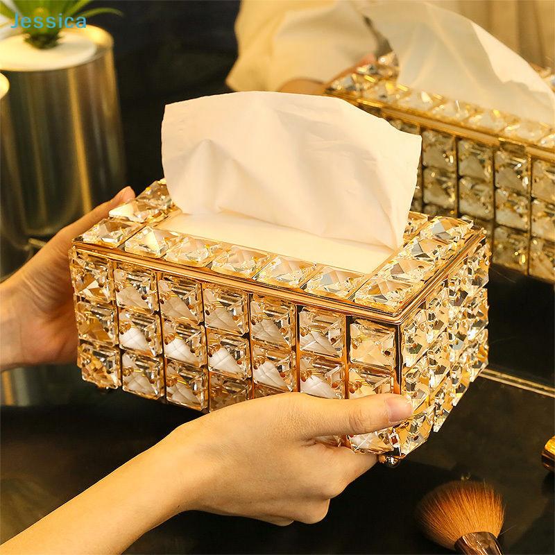 Luxury Crystal Tissue Box - Golden Decorative Tissue Holder for Home, Living Room & Dining Table Desktop Storage Organizer