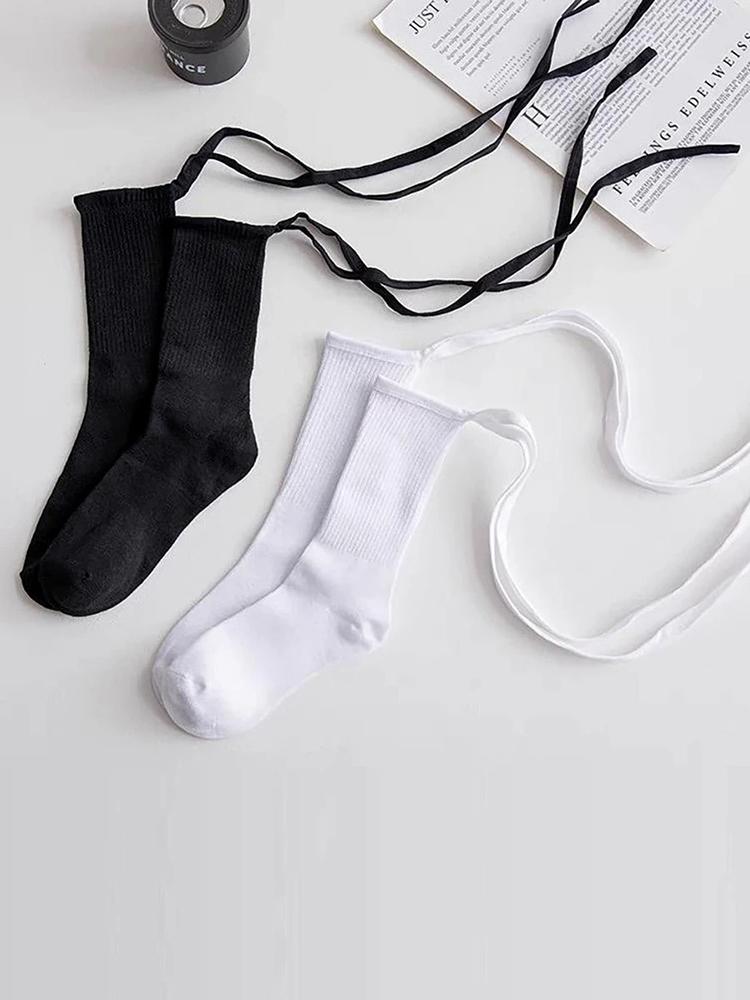 

2 пары женских носков средней длины со шнуровкой, модные, универсальные, однотонные черные и белые, с перекрестными ремешками, удобные, дышащие носки One Size