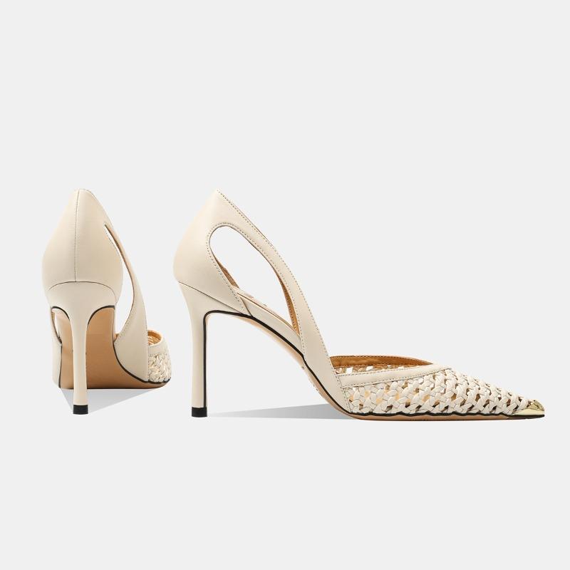 Woven Cutout Breathable Slip-on Non-Slip Heels Fashion Metallic Pointed Toe Stiletto Single Shoes