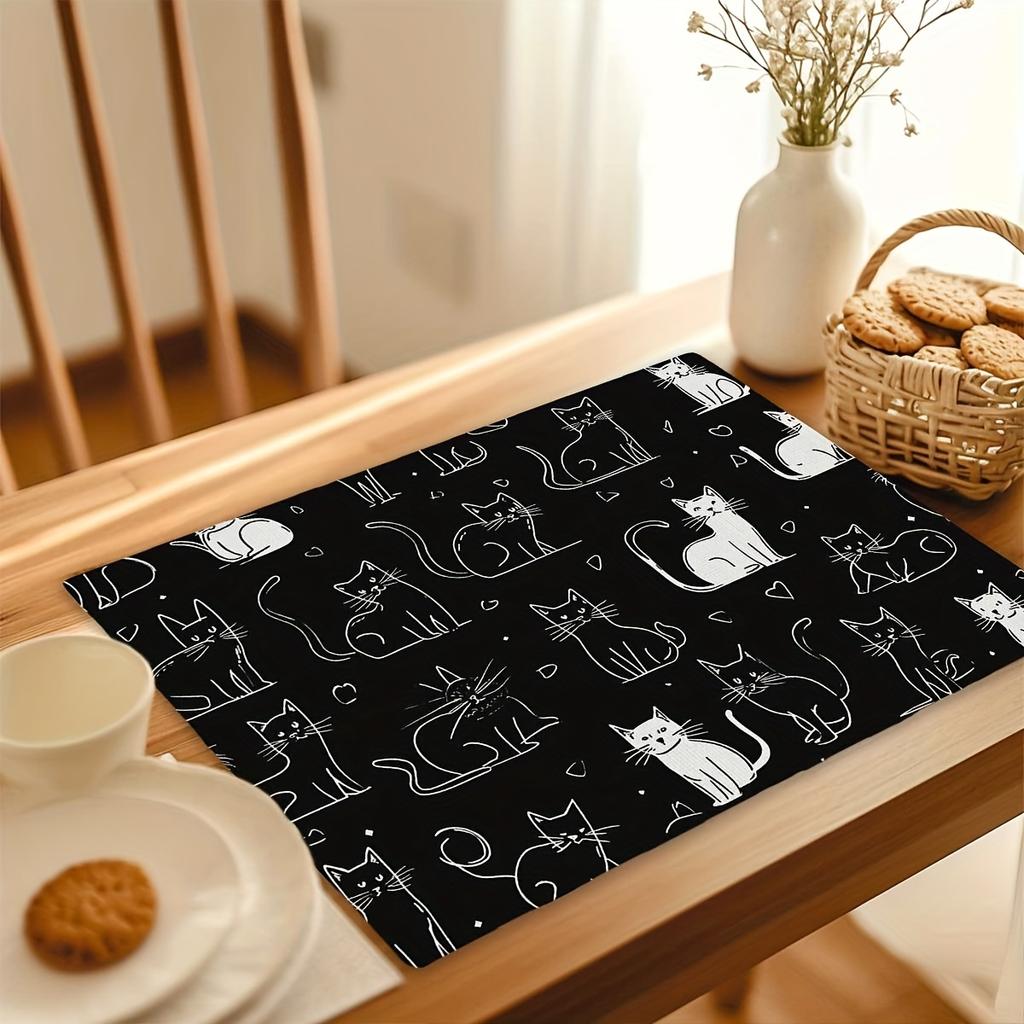 4pcs Set of Table Mats with Cute Cat Simple Line Drawing Patterns - 12" X 18" Rectangular Kitchen Dining Table Mat - Suitable Fo