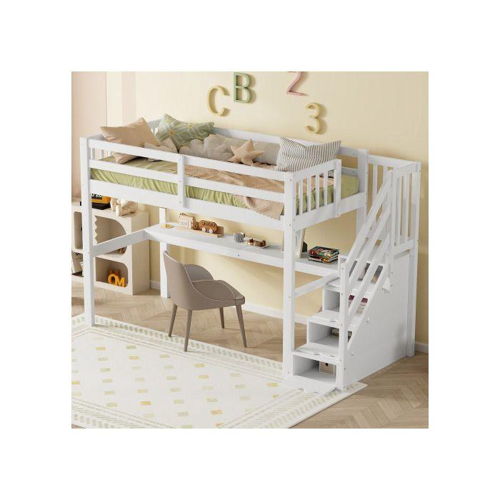 Lit surélevé - MUVOE - 90 x 200 cm - Blanc - Avec tiroirs - Bureau intégré