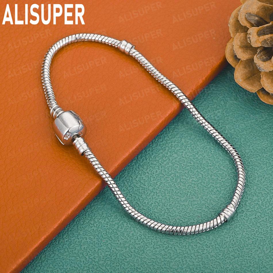 925 Sterling Silver Snake Bone Side Chain Simple Bracelet Gift Jewelry 20CM
