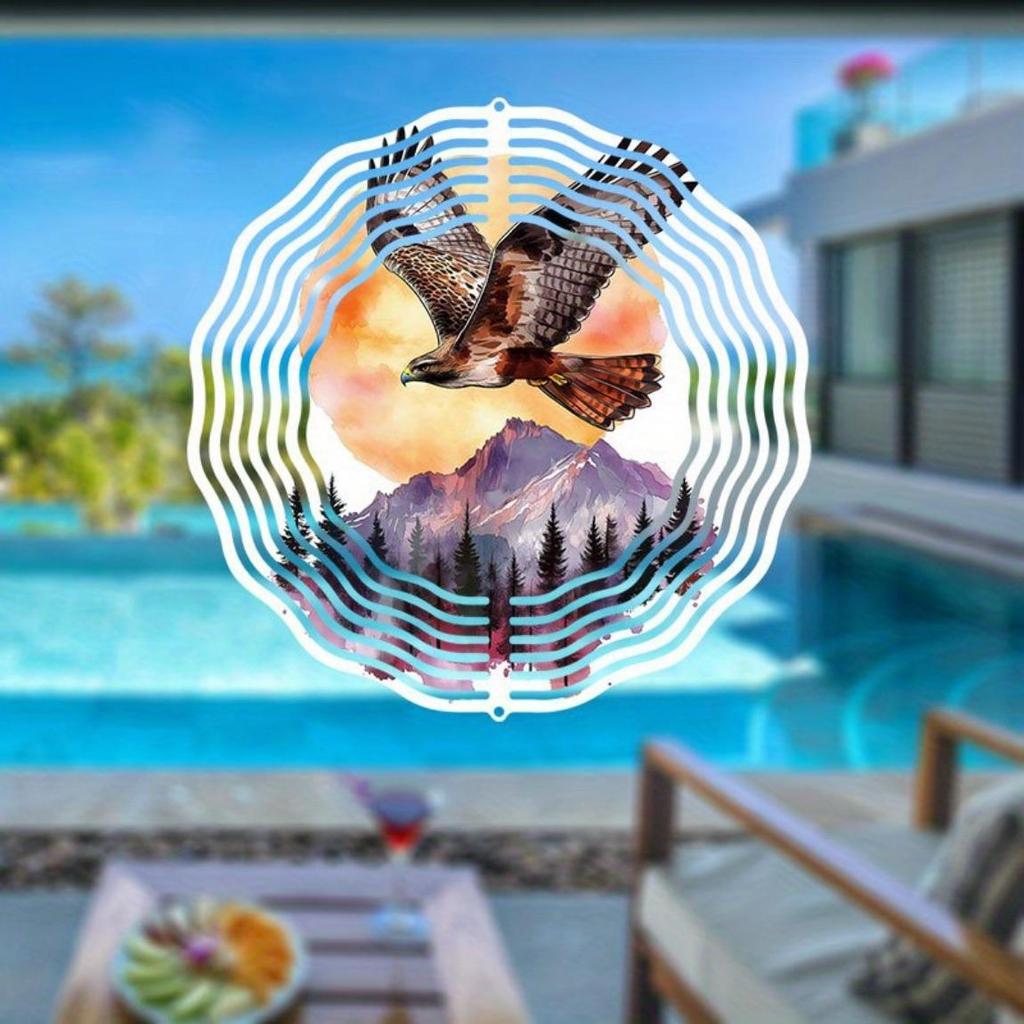 Eagle Metal Wind Spinner Outdoor Decor 2D Hanging Yard Art with 360 Rotating Hook No Power Needed Easy Install Forest Sunrise Design