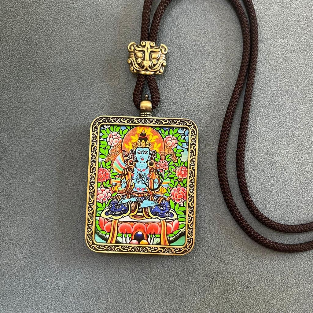 Thangka Pendant Necklace - Yellow & Black Guardian Buddha Amulet