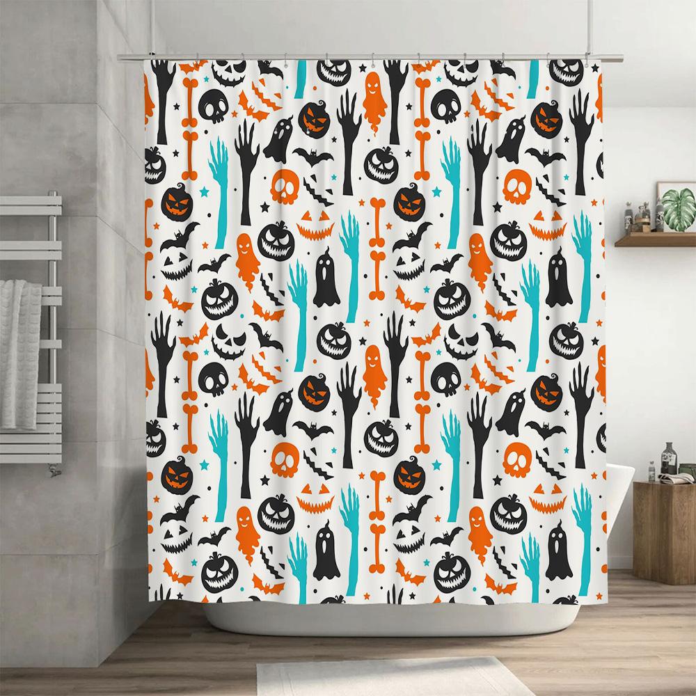 Halloween-themed shower curtain with spooky patterns for bathroom decor Perfect gift idea for haunted house enthusiasts. Black