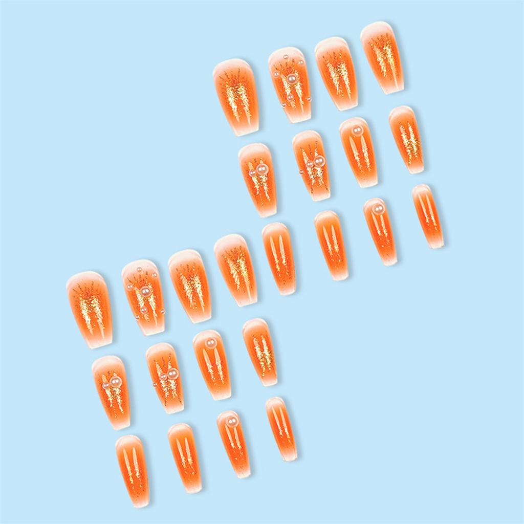 24 Pieces Orange Gold Fake Nails 3D Gold-Plated Pearl Luxury Design For Party And Festival