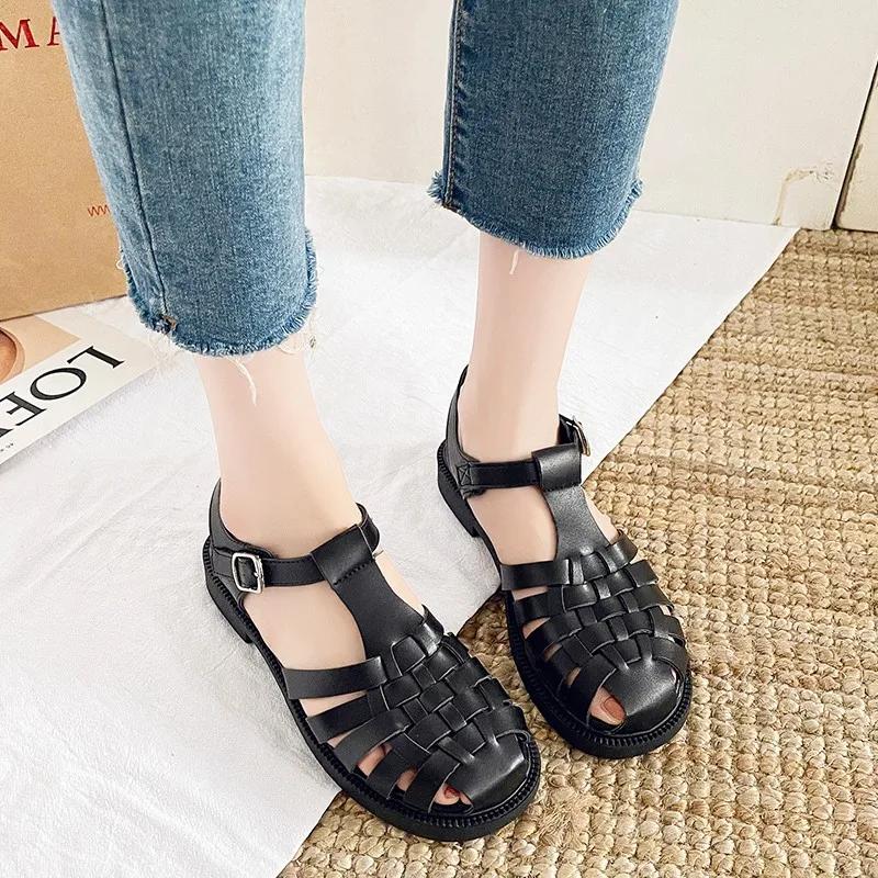 Fashion Women Sandals Black Shoes for Women 2025 Summer Women's Heels Breathable Beige Low Retro Ladies Flat Gladiator  Women Shoes