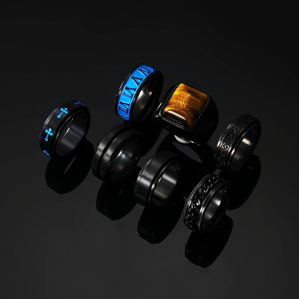 Stainless Steel Casting Natural Stone Ring Seven-piece Set Rotatable Black Oil Ring Men's Jewelry Set