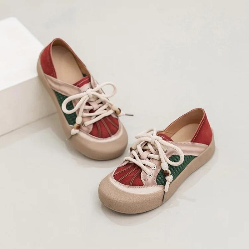 Johnature Mixed Colors Casual Lace-up Flats Genuine Leather Versatile Soft Soled Women's Shoes