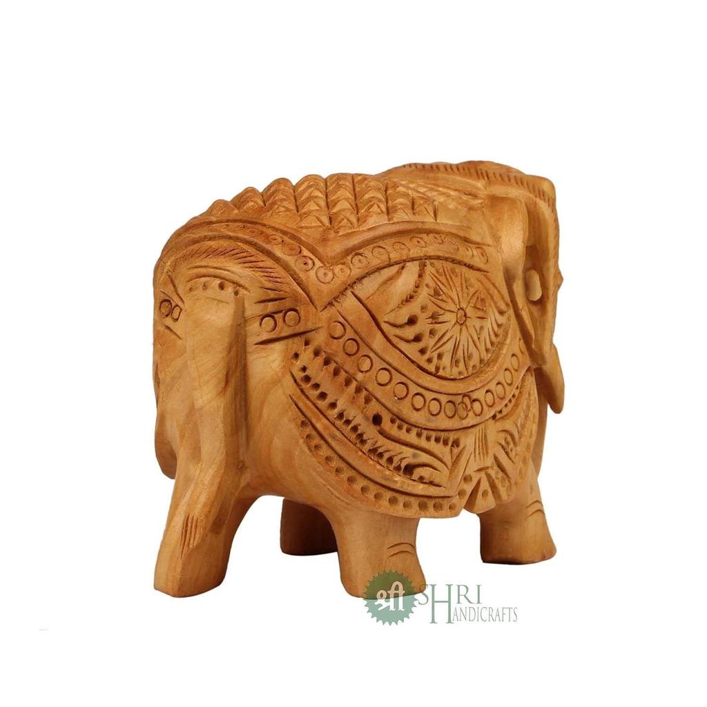 Wood Elephant Pair Down Trunk Statue Carving Figurine Showpiece for Home Decor(Set of 2, Brown)
