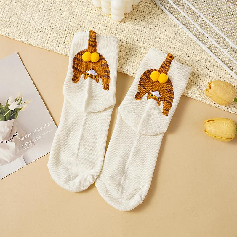 Cartoon Cat Egg Socks Soft Breathable Cute Mid Tube Cotton Socks 3D Cat Egg Balls Unique Design Trendy Funny