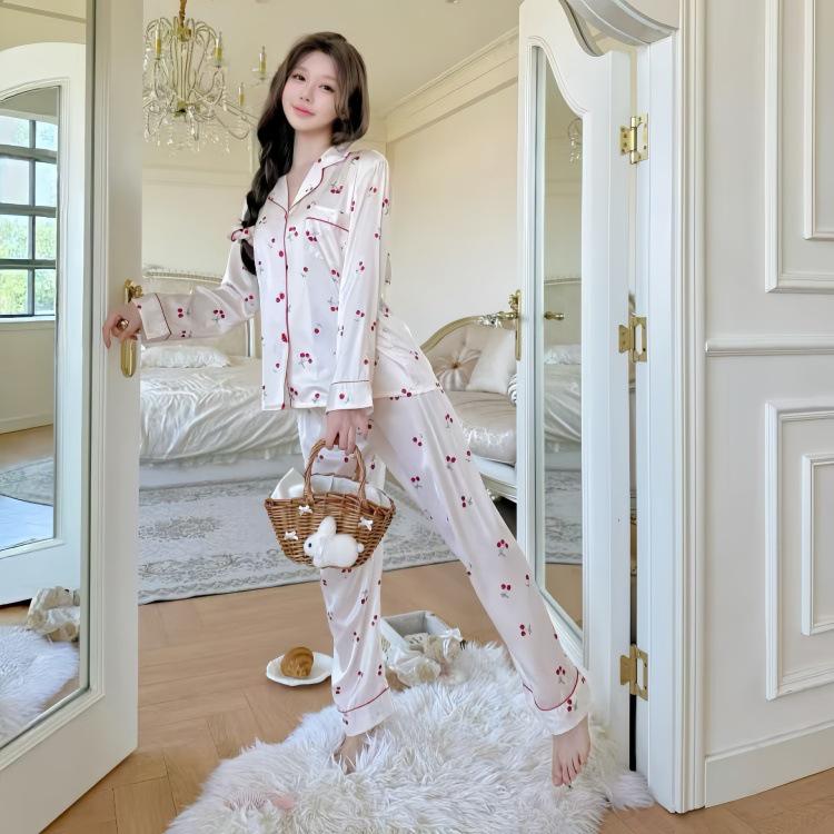 

Women s Cute Polka Dot Cherry Print Ice Silk Pajamas - Sweet Girly Homewear for Spring and Autumn L