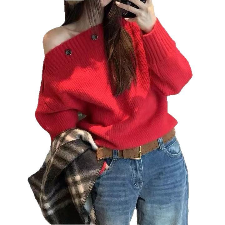 2026 New Arrival Women's Red One-Shoulder Knit Pullover Sweater - Loose, Lazy Style for Autumn/Winter