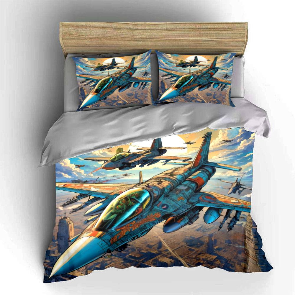 Fighter Jet Art Set Decor Bedding Set With 1 Duvet Cover 2 Pillowcases Single Double King Queen, Gift