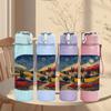1PC Retro Steam Train Country Landscape Print 750ml Color Plastic Sports Water Bottle Leakproof Flip Straw Lid Suitable for Sports Office Home Use