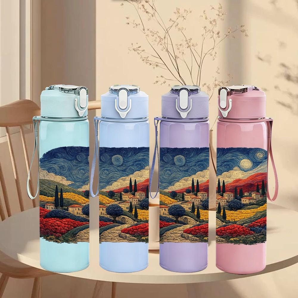 1PC Retro Steam Train Country Landscape Print 750ml Color Plastic Sports Water Bottle Leakproof Flip Straw Lid Suitable for Sports Office Home Use