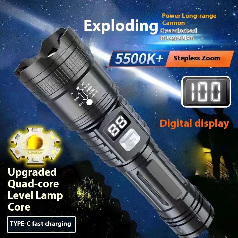 Ultra-High Power Flashlight Digital Electronic Display Waterproof Torch Zoom Hand Light Outdoor Camping Lantern