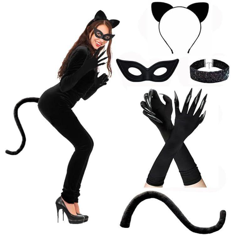 Sexy Wild Cat Halloween Costume Prop Ear Tail Set for Party Masquerade Black Widow Cat Ears Tail Accessory Sexy Feline Costume