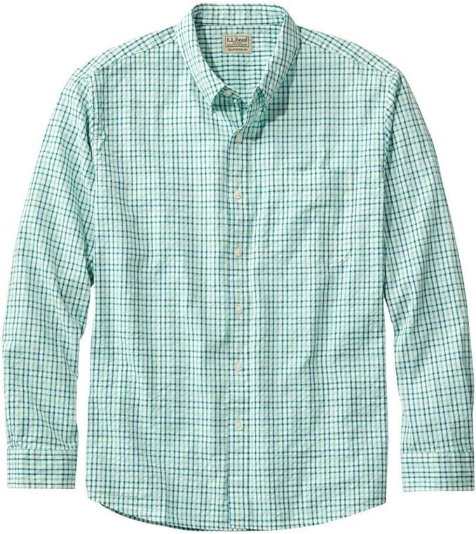 LL Bean Organic Cotton Seersucker Long Japan Pale 1000182635 Men's Shirt, Sleeve, Plaid, Fit, XL, Turquoise, Blue,