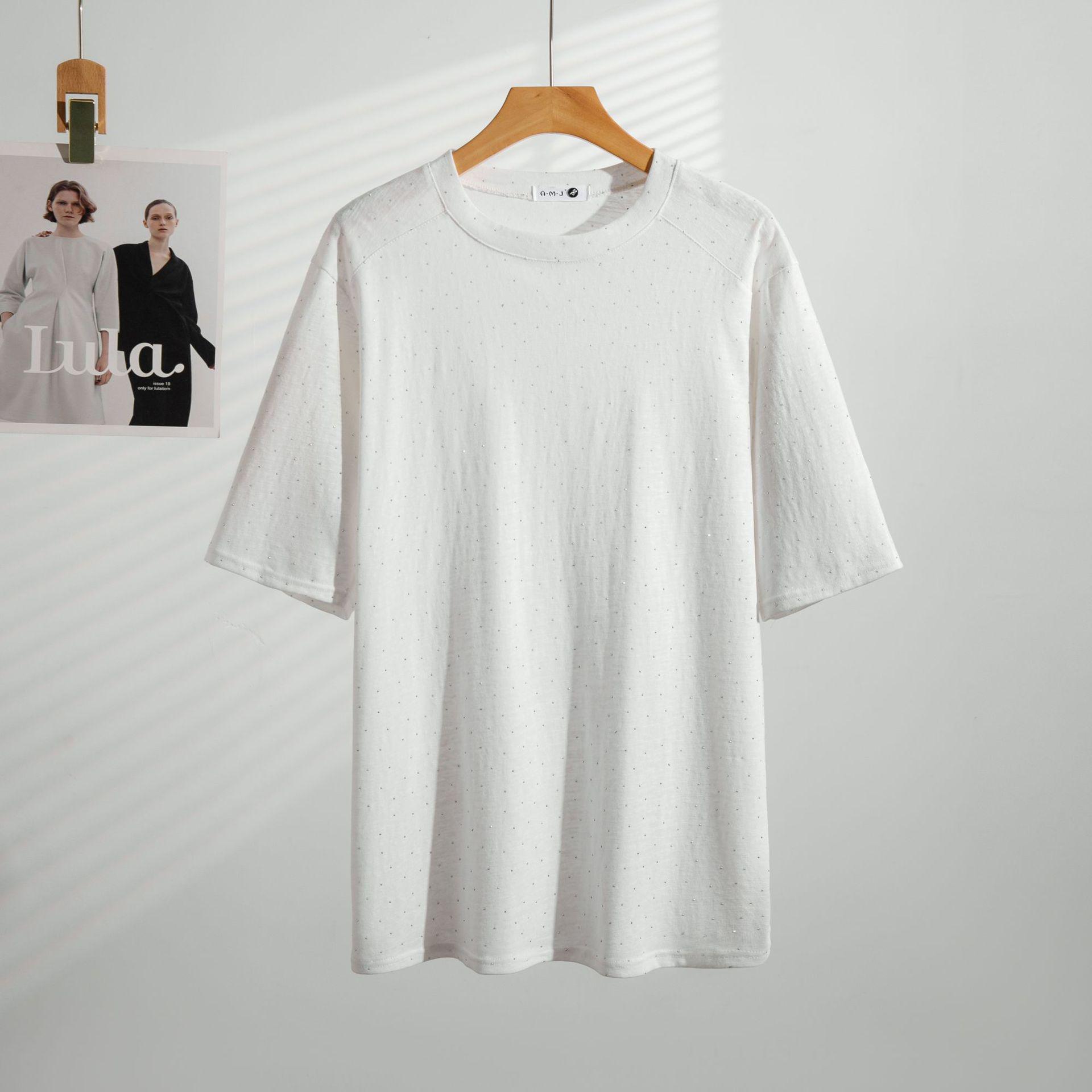 

2026 Summer Fashion Slimming Rhinestone Plus Size Women s Solid Color Round Neck Short Sleeve Top 3XL (suitable for weight 60-80 kg) белый