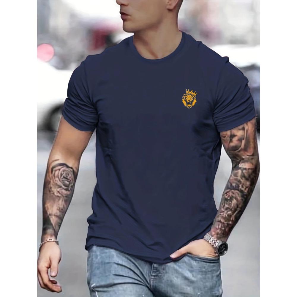 Summer Men's 100% Cotton Casual Loose Large Lion Pattern Print Round Neck Short Sleeve T-shirt Top O-neck Pactwork Casual T