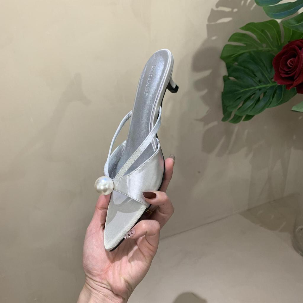 2025 summer new European and American style medium and high stiletto women's slippers pointed toe open toe foot strap wear evening shoes