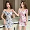 Sexy Mesh Yarn Hip-wrapped Short Printed Neck-hanging Floral Backless Design Sense Nightclub Work Clothes Low-cut Dress