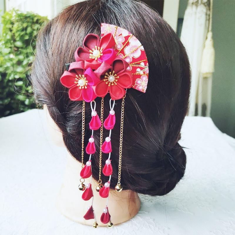 Japanese Kimono Handmade Fabric Flower Folding Fan Hair Accessories Clip Tassel Headwea Headdress Barrette Yukata Festvial Deco