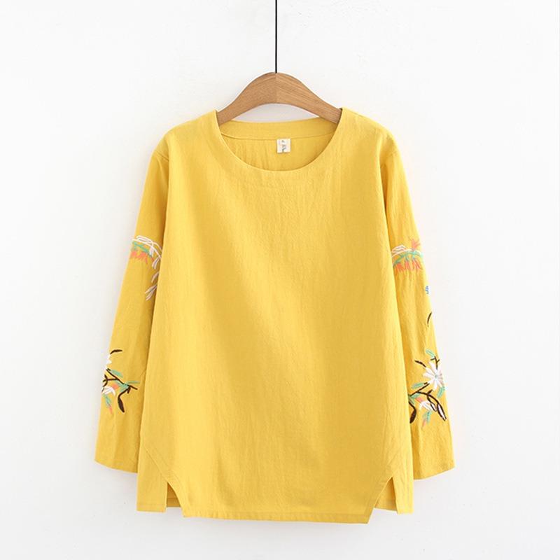 Women's Shirts Breathable Vintage Embroidered Long Sleeve Loose Casual Women's Blouse Round Neck Solid Color Office Ladies Base Blouses Tops Fashion